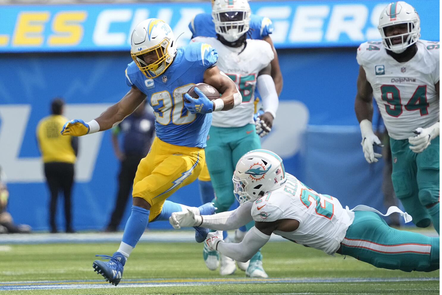 Chargers' improved ground game on display during loss to Miami