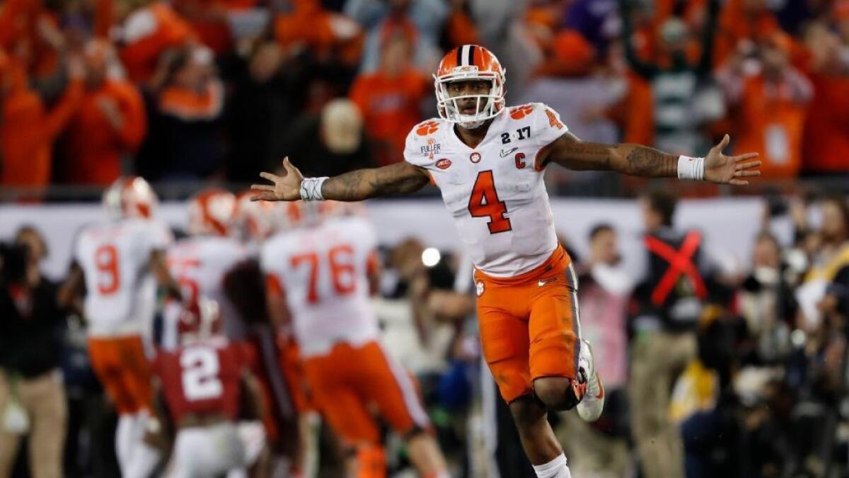 Clemson quarterback DeShaun Watson celebrates after throwing the game-winning touchdown in the last second of the national championship game against Alabama on Jan. 10.