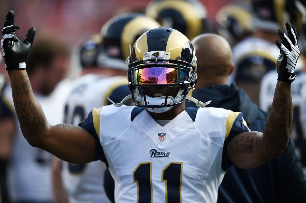 Receiver Tavon Austin warms up before a game against the 49ers on Jan. 3.