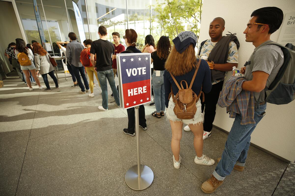 Voters in line at the UCLA Hammer Museum in Los Angeles waited more than two hours to cast their ballot on Super Tuesday. 