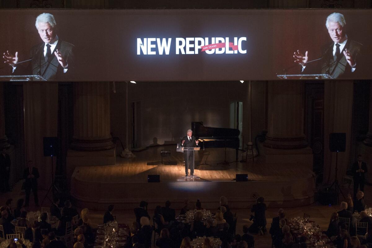 Former President Bill Clinton gives the keynote speech at the New Republic Centennial Gala Dinner, Nov. 19, 2014. A few weeks later, the magazine imploded.