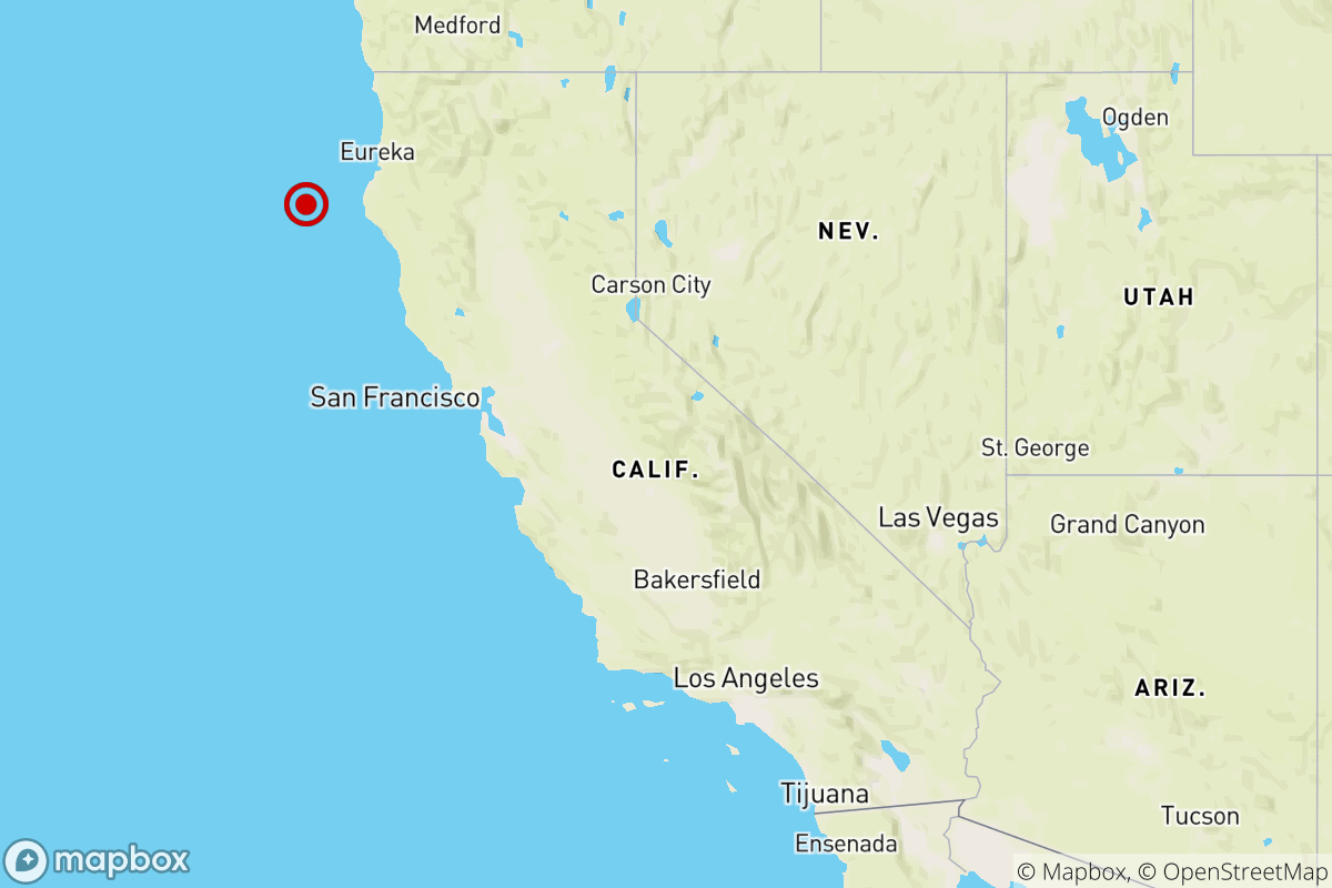 The location of a magnitude 5.9 earthquake Sunday evening off the coast of Northern California