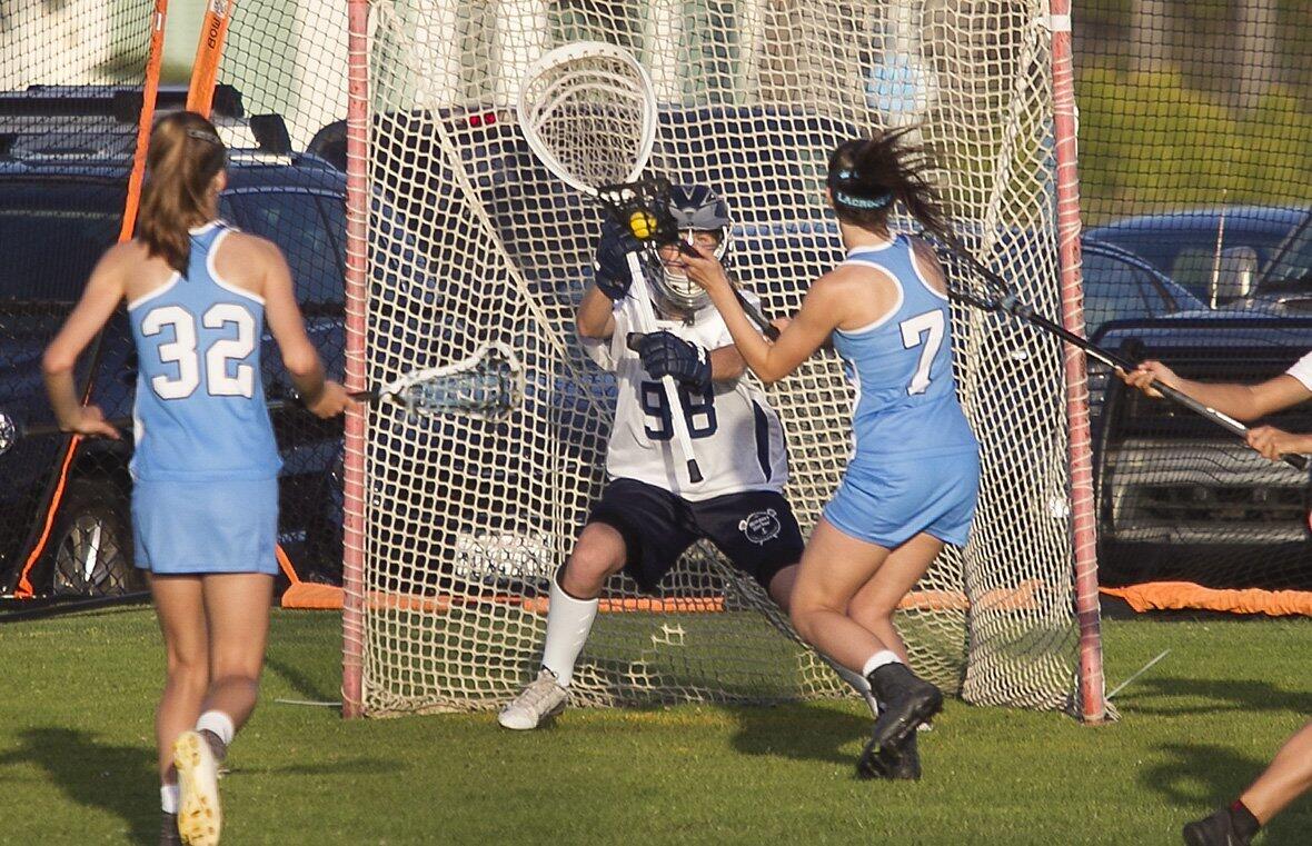 Corona del Mar High's Caroline Brewster (7) squares up to shoot against Newport Harbor goalie Jade Rettig during the Battle of the Bay.