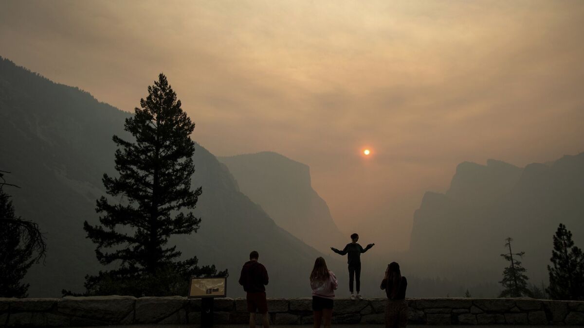 Smoke from the Ferguson fire fills Yosemite Valley on Wednesday, July 25, in Yosemite National Park