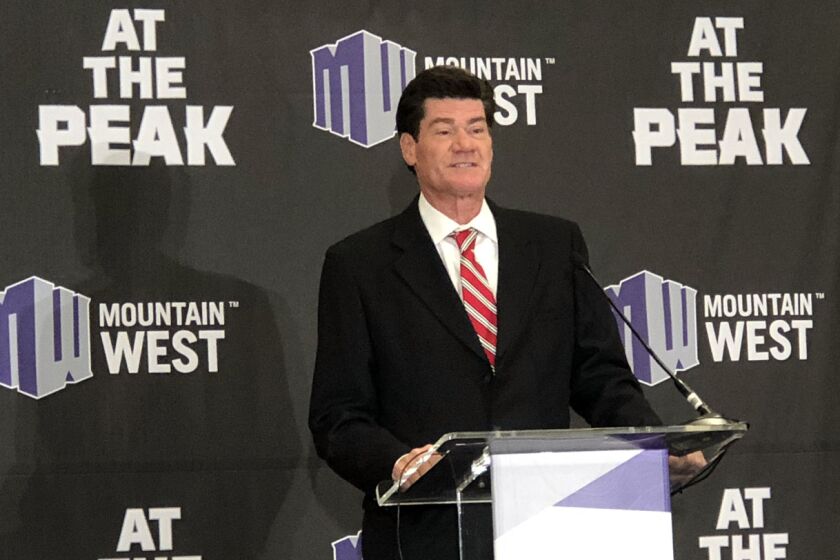 Mountain West commissioner Craig Thompson speaks Wednesday during the conference's football media days.
