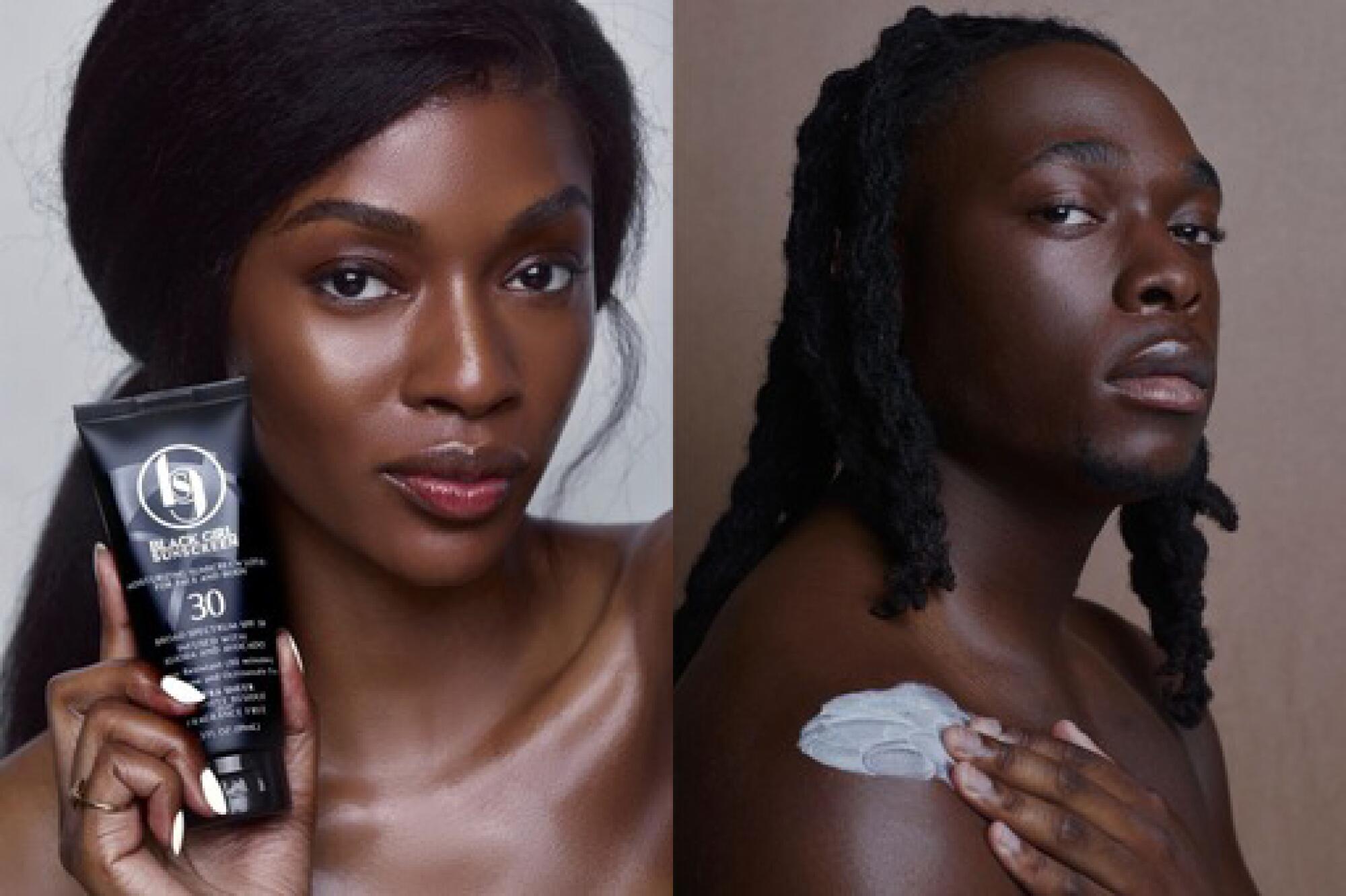 two Black models side-by-side, one holding a Black Girl Sunscreen bottle, the other with sunscreen swiped across the shoulder