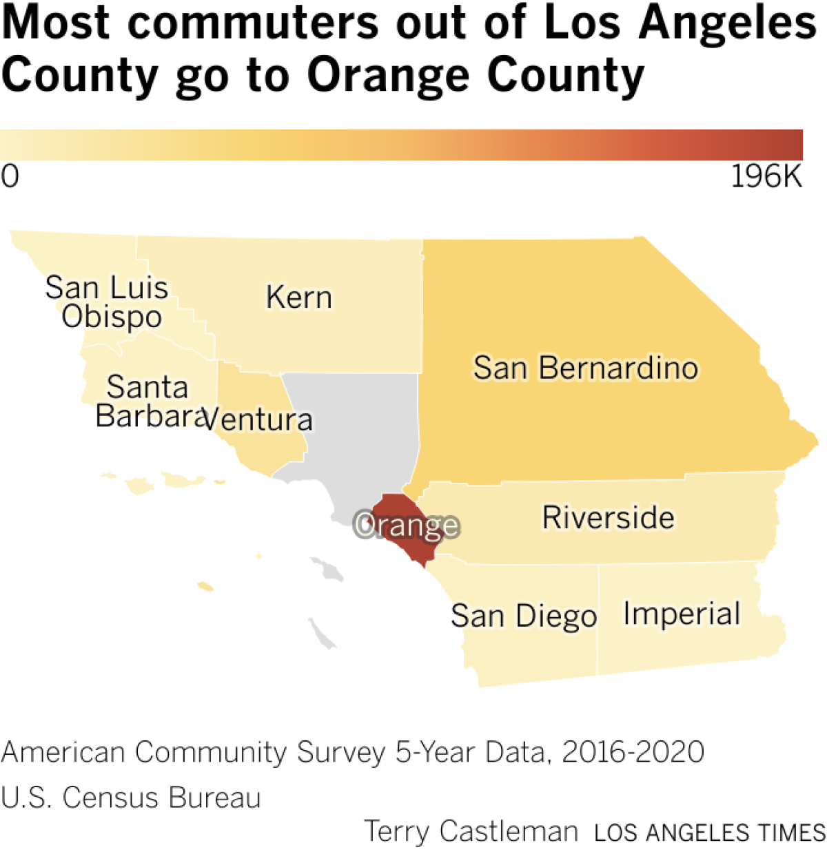 Map of Southern California counties showing that most daily commuters from Los Angeles County go to Orange County.
