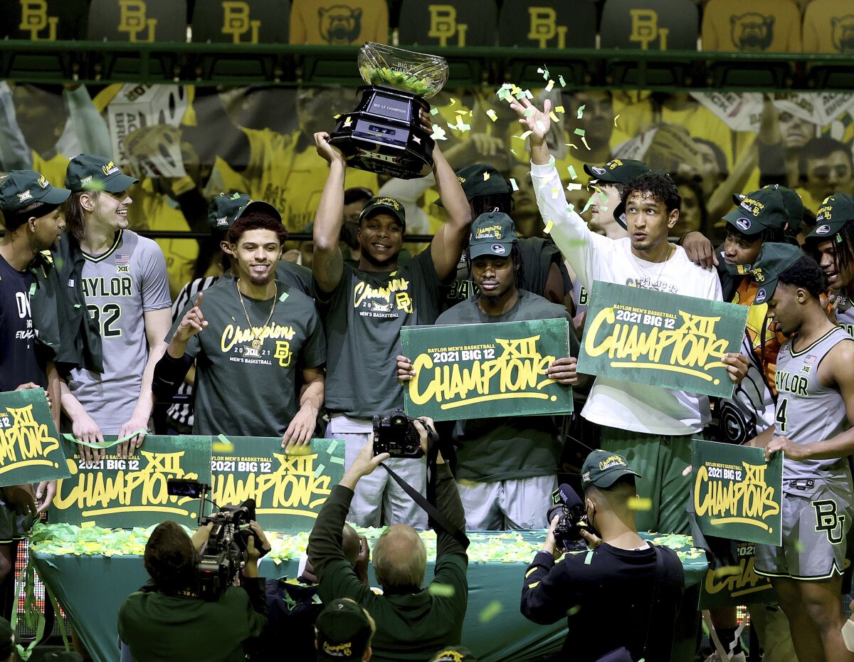Baylor players celebrate after winning the Big 12 title on March 7.