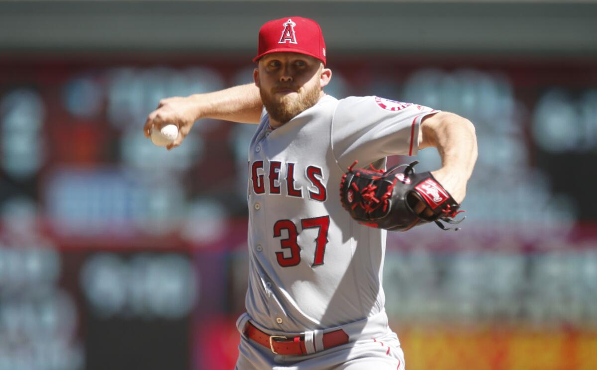 Los Angeles Angels pitcher Cody Allen throws against the Minnesota Twins in a baseball game Wednesday, May 15, 2019, in Minneapolis.