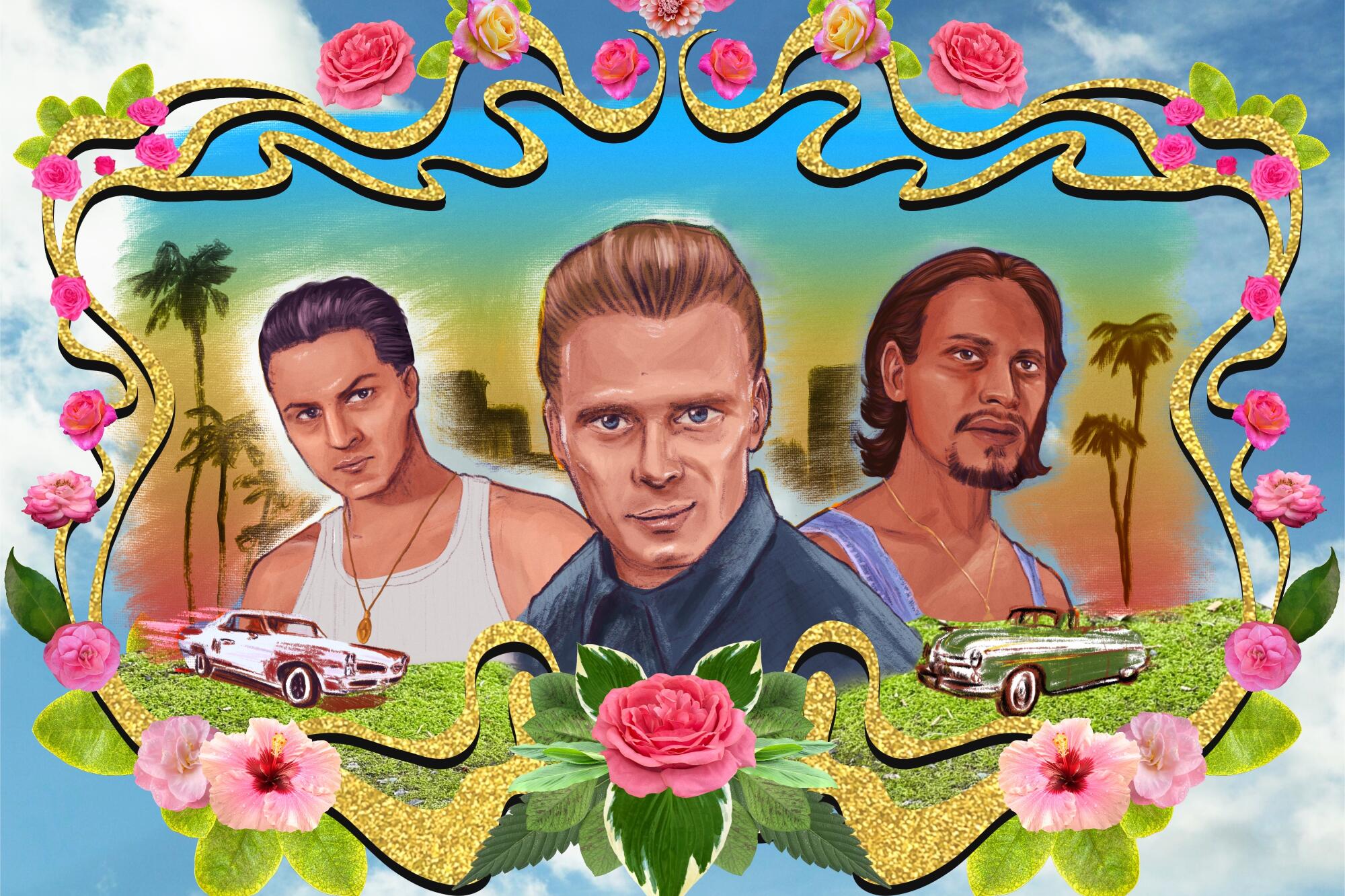 Illustrations of  Benjamin Bratt, Damian Chapa and Jesse Borrego on a sky background with vintage cars 