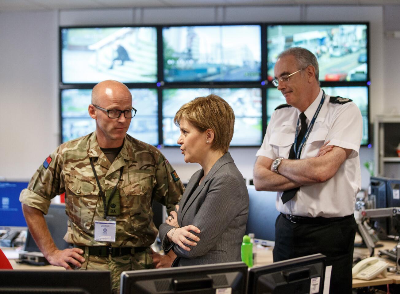 Scottish First Minister Nicola Sturgeon meets with police authorities on May 24, 2017, in Glasgow. Security measures across the United Kingdom have been stepped up after the nation's terror threat level was raised to "critical" in the wake of the Manchester bombing.