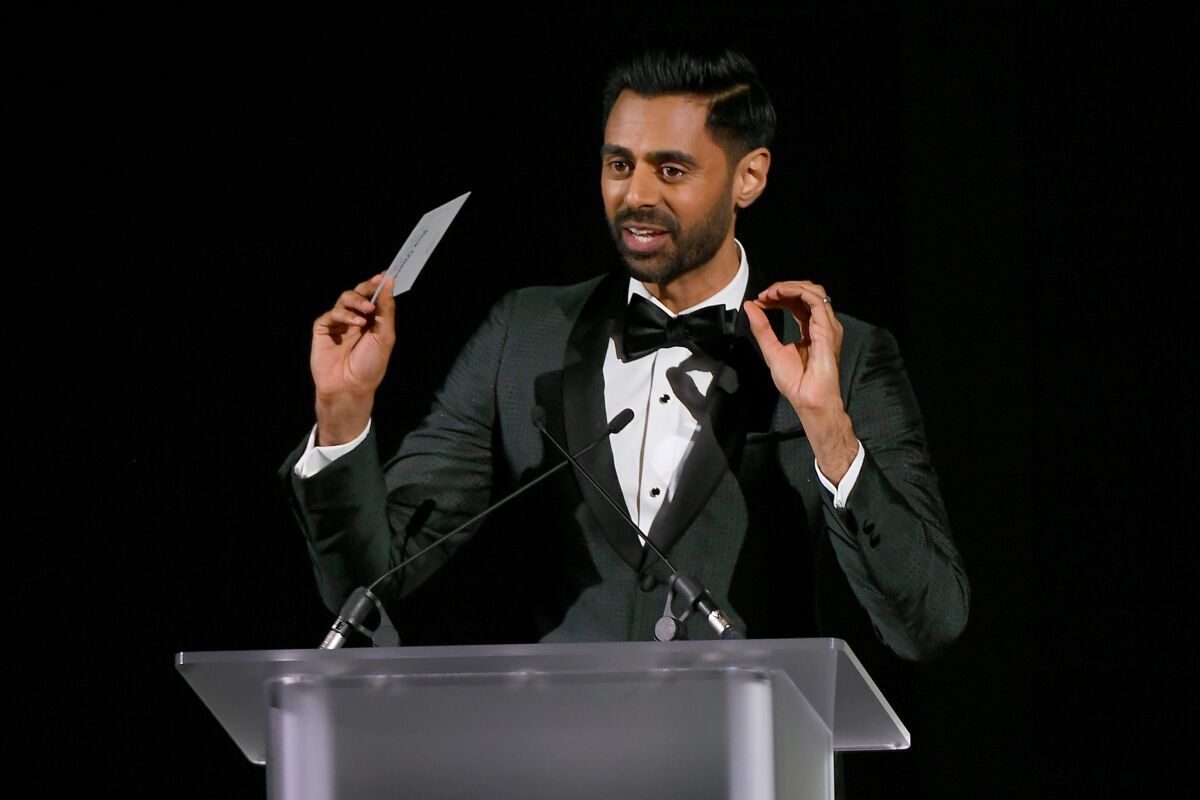 Hasan Minhaj speaks onstage during the CFDA Fashion Awards at the Brooklyn Museum of Art.