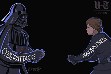 Cyberattacks are Darth Vader and preparedness is Luke Skywalker with a tiny lightsaber in this Breen cartoon
