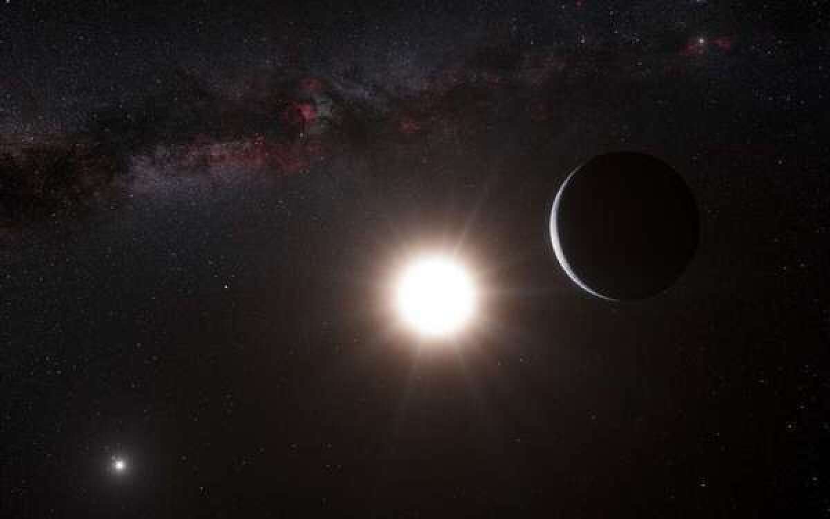 This artist's representation shows a planet, right, orbiting the star Alpha Centauri B, center, a member of the triple star system that is closest to Earth. This exoplanet sat too close to its star for liquid water to exist. Now, another team of scientists says it has discovered a super-Earth planet some 44 million light-years away in its system's "habitable zone."