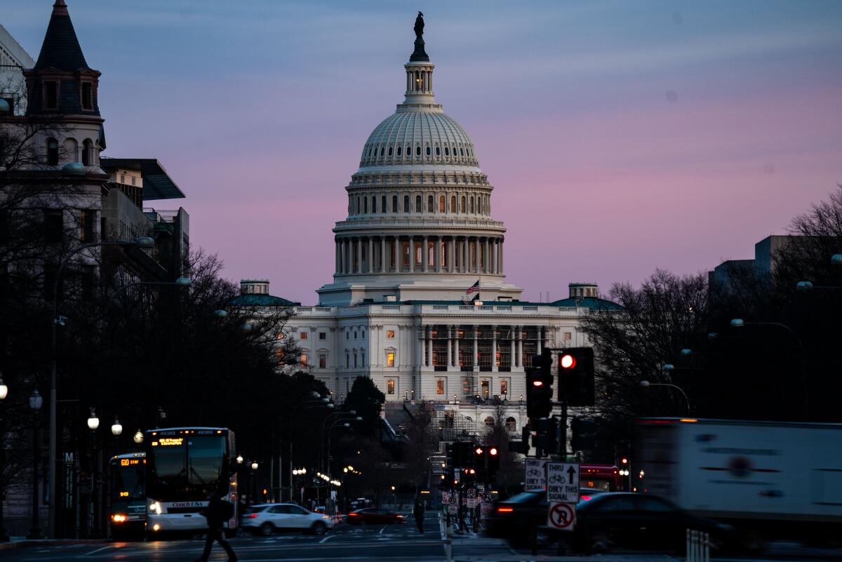 The U.S. Capitol Building at dusk.