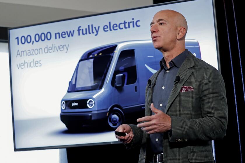 Amazon CEO Jeff Bezos speaks during his news conference at the National Press Club in Washington, Thursday, Sept. 19, 2019. Bezos announced the Climate Pledge, setting a goal to meet the Paris Agreement 10 years early. (AP Photo/Pablo Martinez Monsivais)