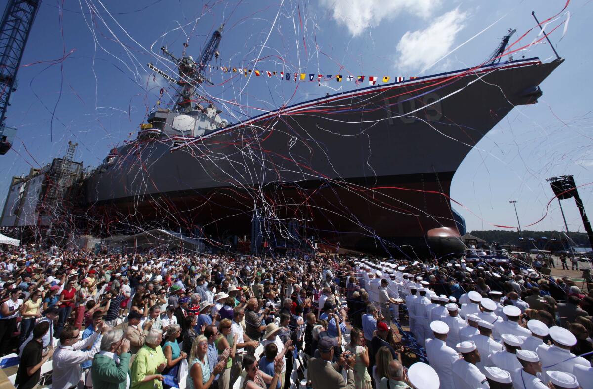 FILE - An Arleigh-Burke Class destroyer is christened at Bath Iron Works in Bath, Maine, Aug. 1, 2009. 