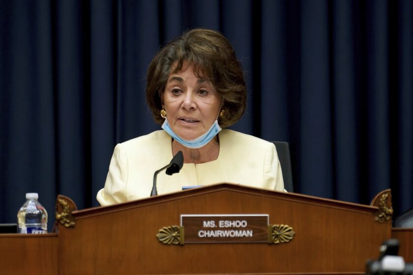 Chairman Rep. Anna Eshoo, D-Calif., gives her opening statement during a House Energy and Commerce Subcommittee on Health hearing to discuss protecting scientific integrity in response to the coronavirus outbreak, Thursday, May 14, 2020 on Capitol Hill in Washington. (Greg Nash/Pool via AP)