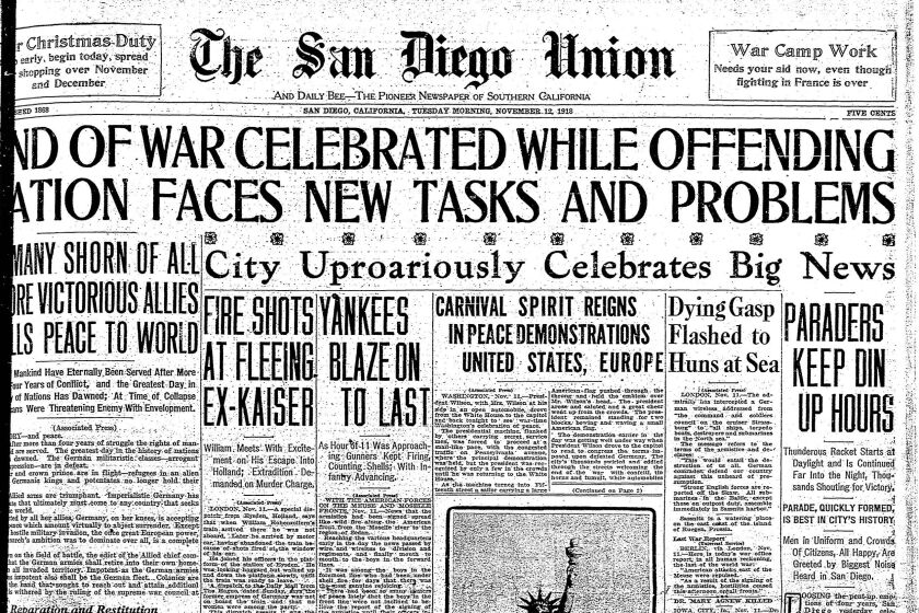 Front page of The San Diego Union, Nov. 12, 1918.