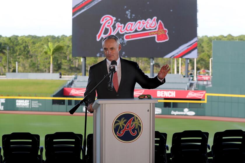 Major League Baseball Commissioner Rob Manfred takes questions about the Houston Astros while holding his press conference during the "Florida Governor's Dinner" kicking off spring training at the Atlanta Braves CoolToday Park on Sunday, Feb. 16, 2020, in North Port, Fla. (Curtis Compton/Atlanta Journal-Constitution/TNS) ** OUTS - ELSENT, FPG, TCN - OUTS **