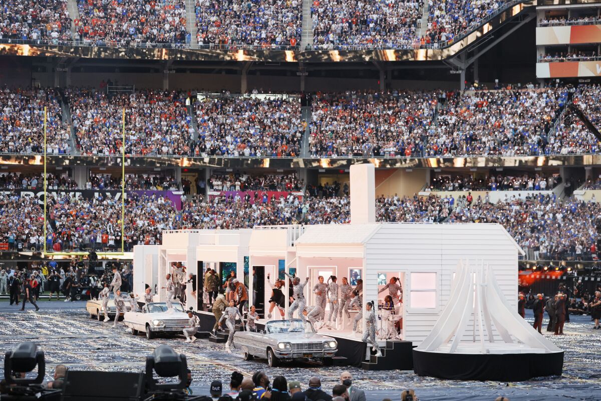 The Super Bowl halftime show set, with its representation of the Dr. Martin Luther King Jr. Memorial in the foreground.
