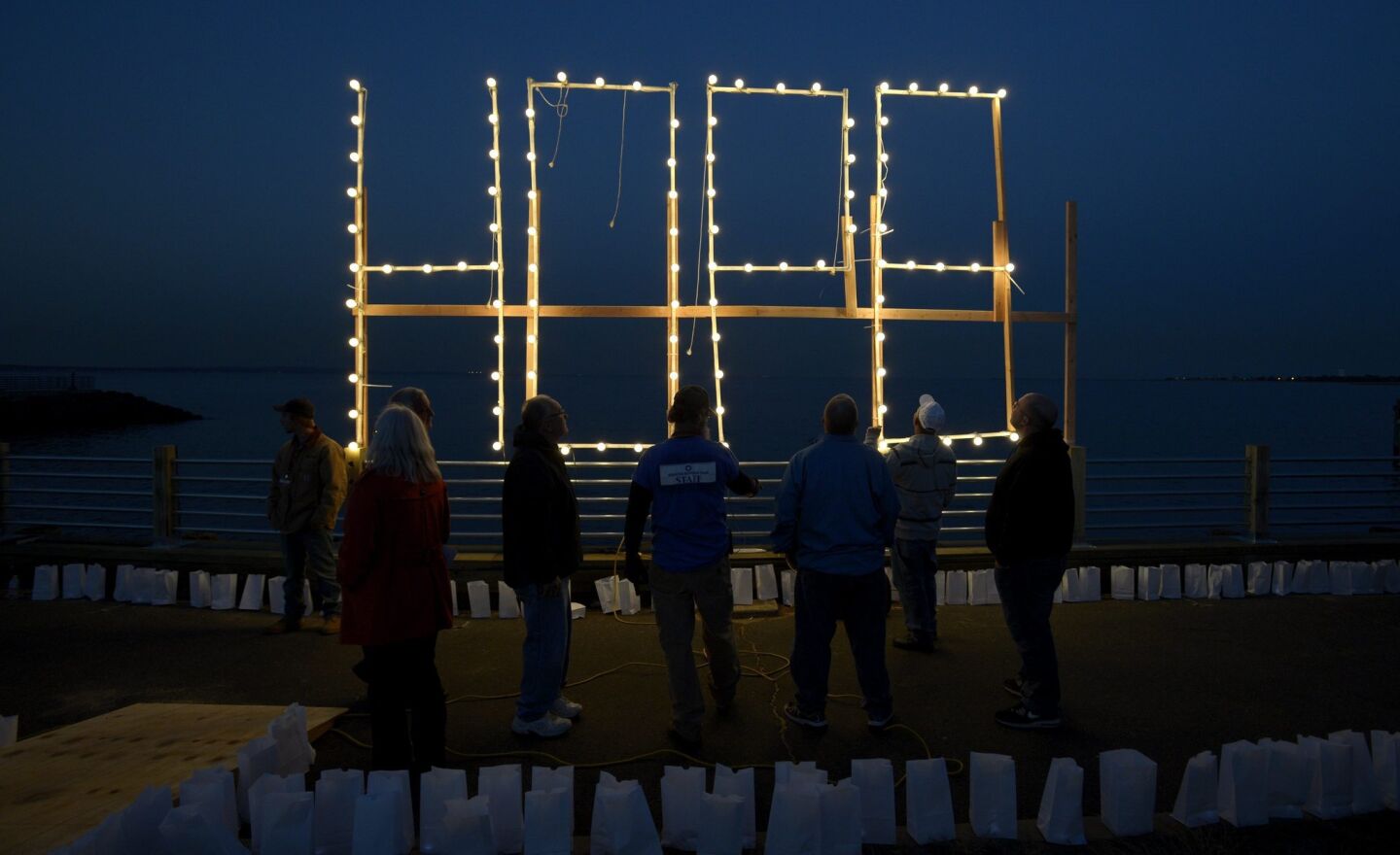 'Hope' is spelled out in lights at a community ceremony in Union Beach, N.J., marking the one-year anniversary of Superstorm Sandy.