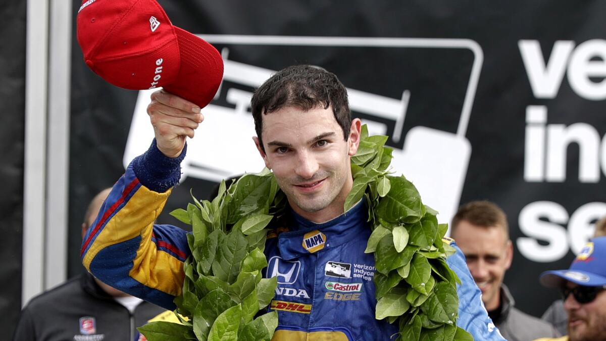 Alexander Rossi celebrates after winning the IndyCar Grand Prix at The Glen on Sunday.