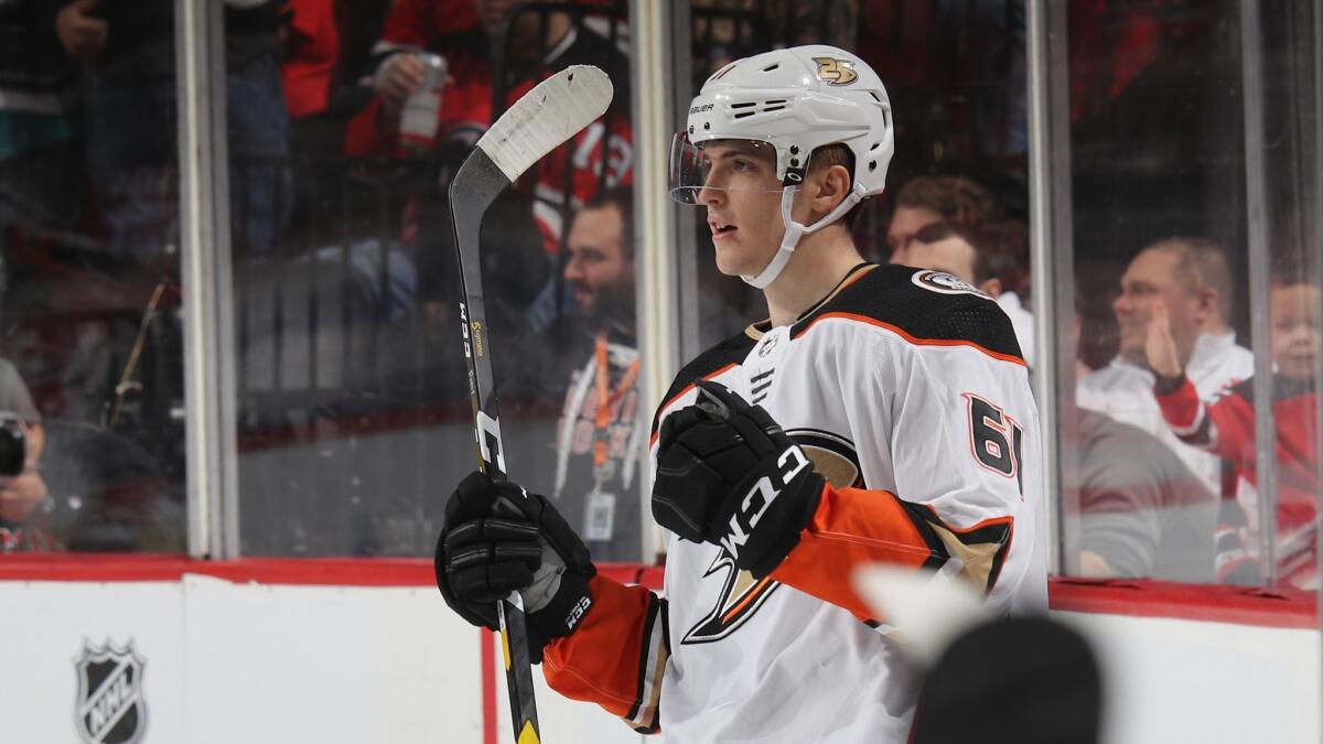 Ducks forward Troy Terry celebrates his first NHL goal against the New Jersey Devils on Jan. 19, 2019, in Newark, N.J.