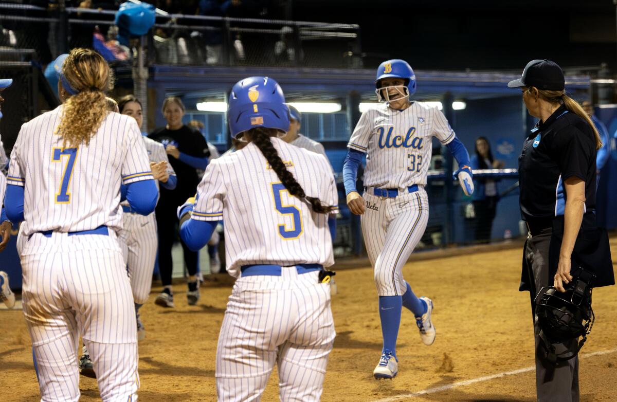 Gabriela Jaquez, scoring during a Super Regional game against Georgia, has joined the UCLA softball team as a pinch runner.