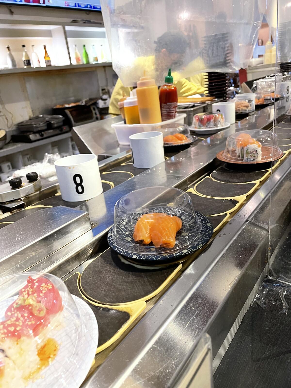 The conveyor belt delivers affordable sushi options at Kaisen in Santa Ana.