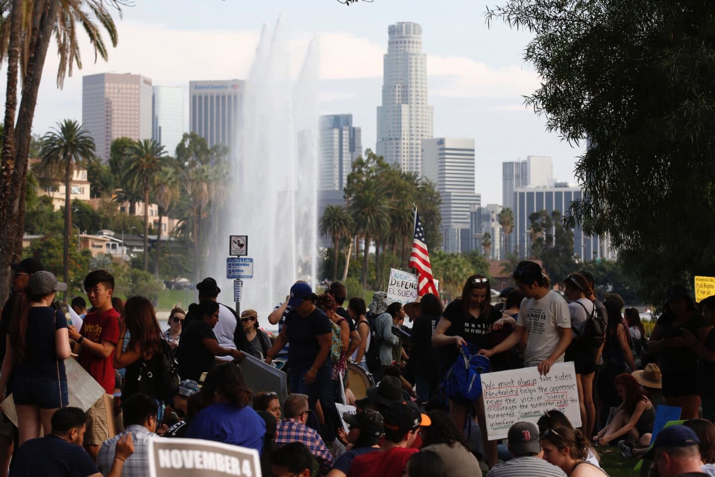 Participants in the DACA march gather at Echo Park Lake in Los Angeles.