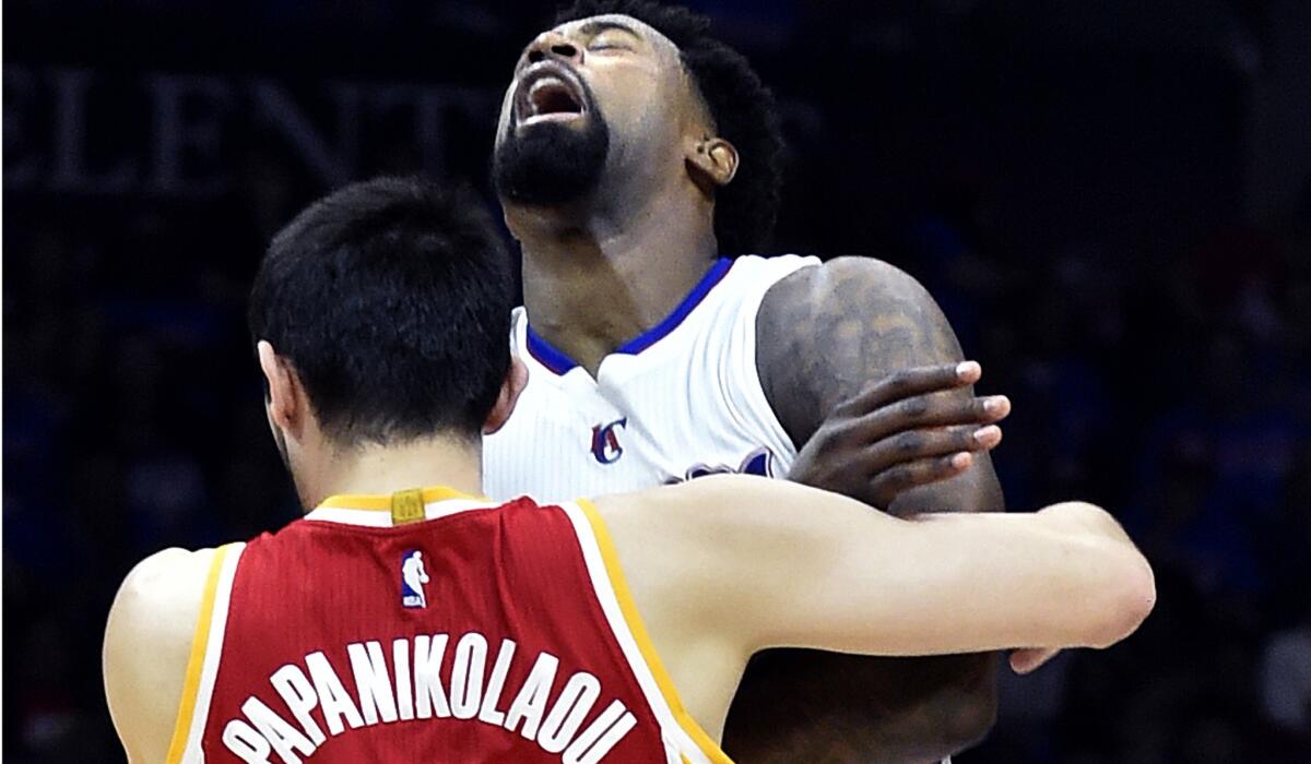 Clippers center DeAndre Jordan is fouled by Houston Rockets forward Kostas Papanikolaou in the first half of Game 4. Jordan attempted more free throws in the game than the entire Rockets team.