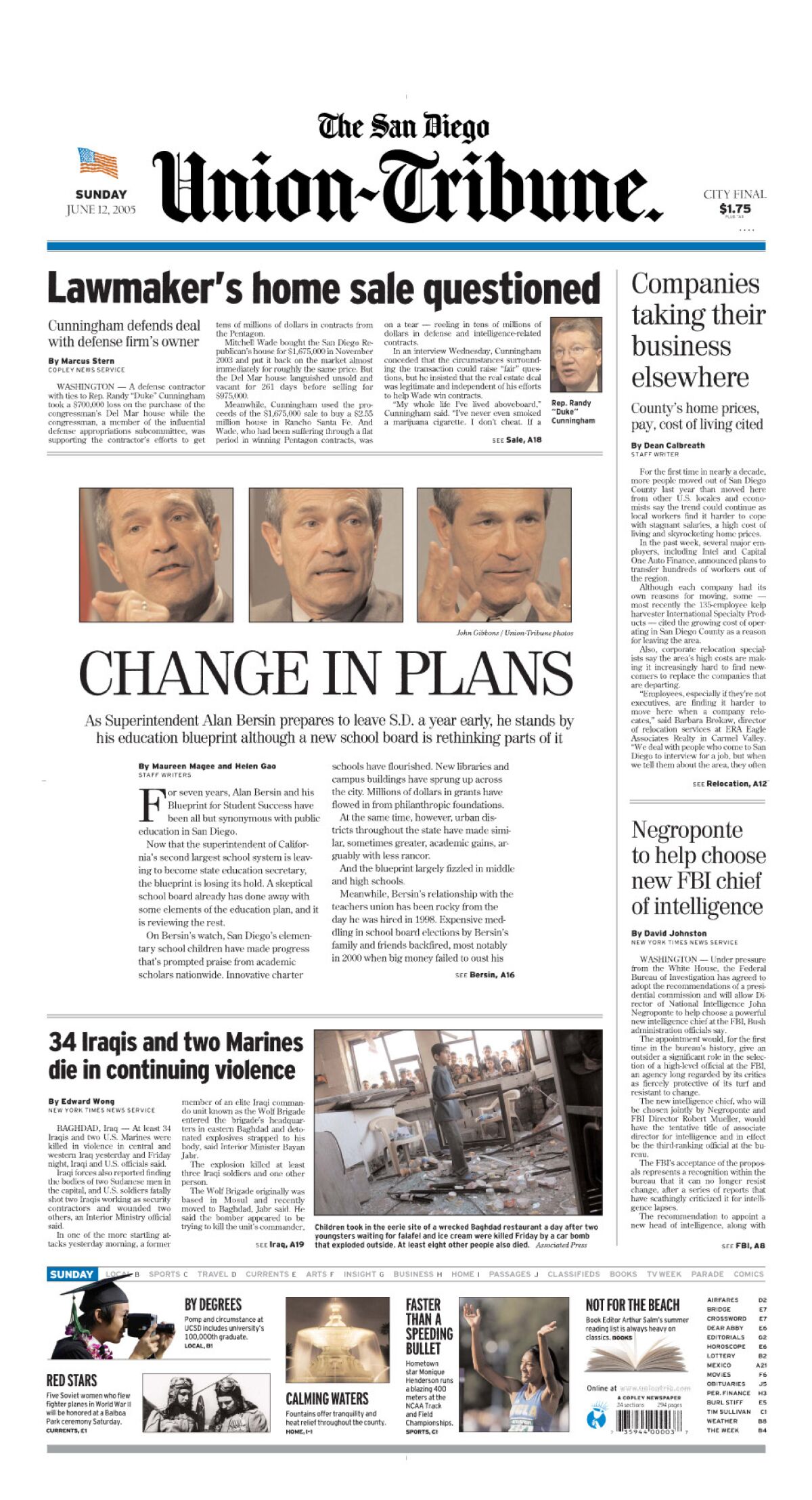 A-1 Front Page of The San Diego Union-Tribune for June 12, 2005 (6/12/2005)