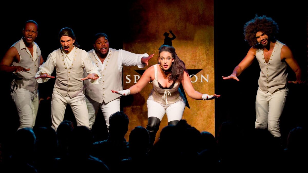 Chris Anthony Giles, left, Dan Rosales, Juwan Crawley, Nora Schell and Nicholas Edwards in the off-Broadway production of "Spamilton" in New York. A different cast will perform at the Kirk Douglas.