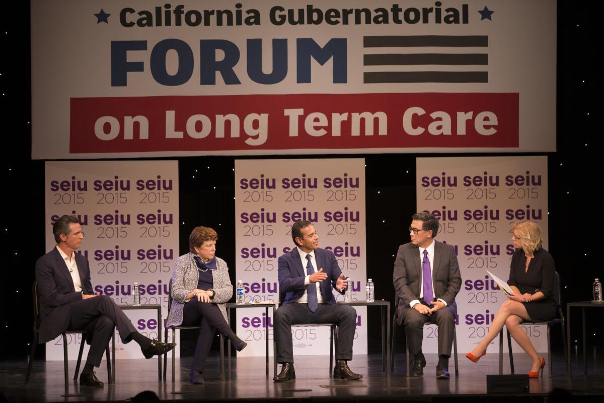 Candidates Gavin Newsom, Delaine Eastin, Antonio Villaraigosa and John Chiang take questions from moderator Jane Wells during a forum.