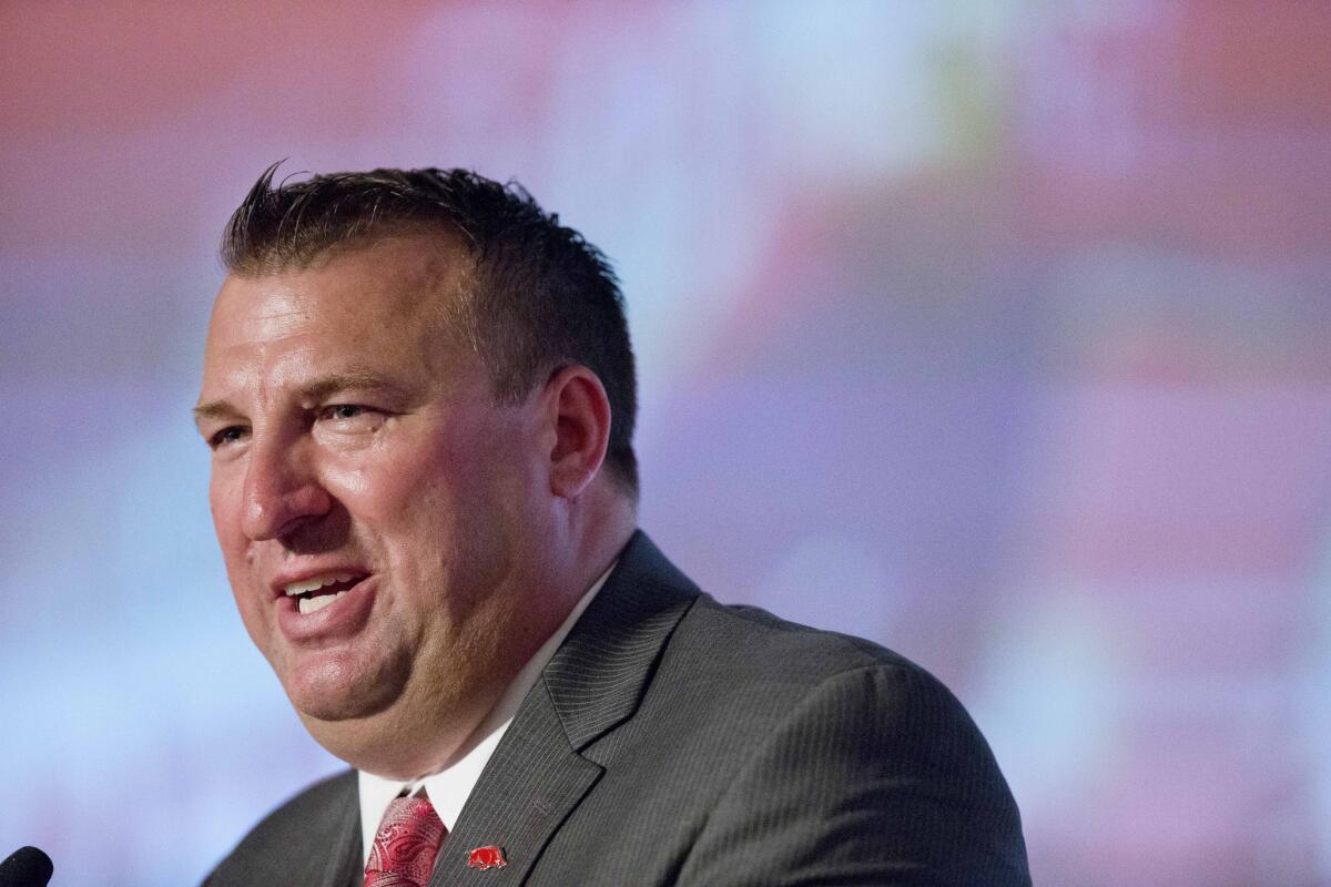 Arkansas coach Bret Bielema speaks to the media Wednesday at the Southeastern Conference college football media days.