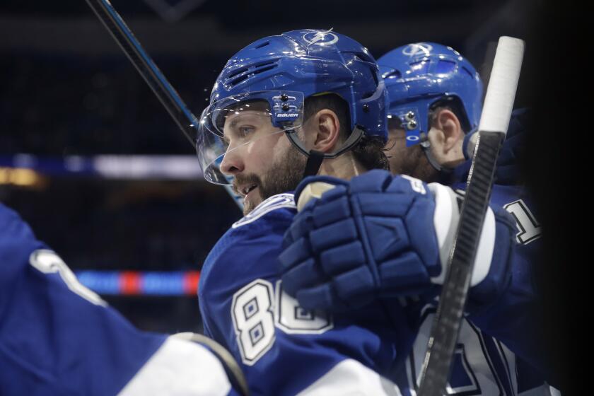 Tampa Bay Lightning right wing Nikita Kucherov (86) celebrates his goal against the Montreal Canadiens during the second period of an NHL hockey game Thursday, March 5, 2020, in Tampa, Fla. (AP Photo/Chris O'Meara)