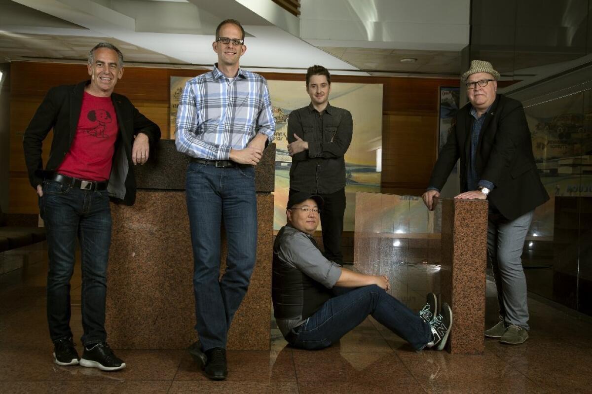 Directors of the five Golden Globe-nominated animated features, from left: Steve Martino, "The Peanuts Movie"; Pete Docter, "Inside Out"; Peter Sohn (seated), "The Good Dinosaur"; Duke Johnson, "Anomalisa"; Richard Starzak, "Shaun the Sheep Movie."