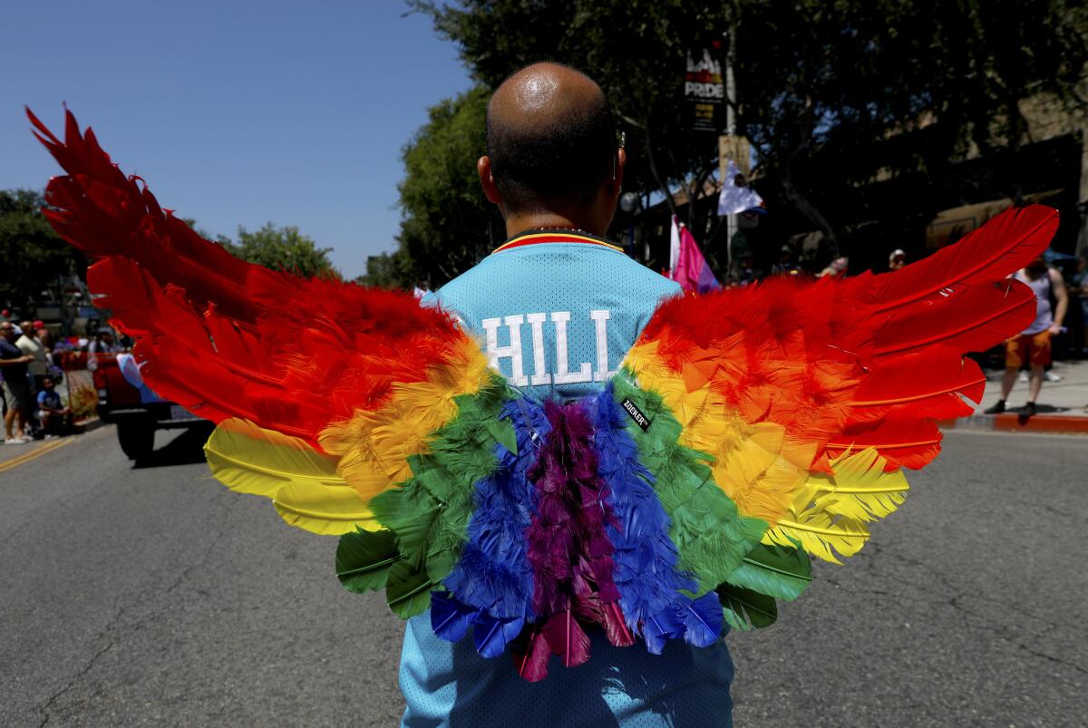 A patron wears rainbow wings during a previous year's Pride Parade in West Hollywood.