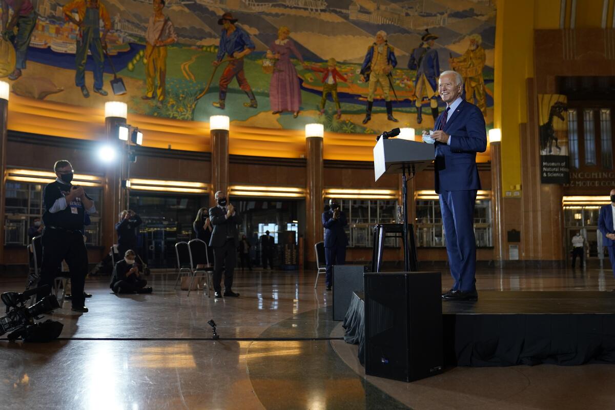 Democratic presidential candidate former Vice President Joe Biden speaks at Cincinnati Museum Center at Union Terminal 