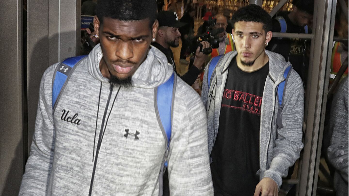 Cody Riley, and LiAngelo Ball return from Shanghai, China at LAX.