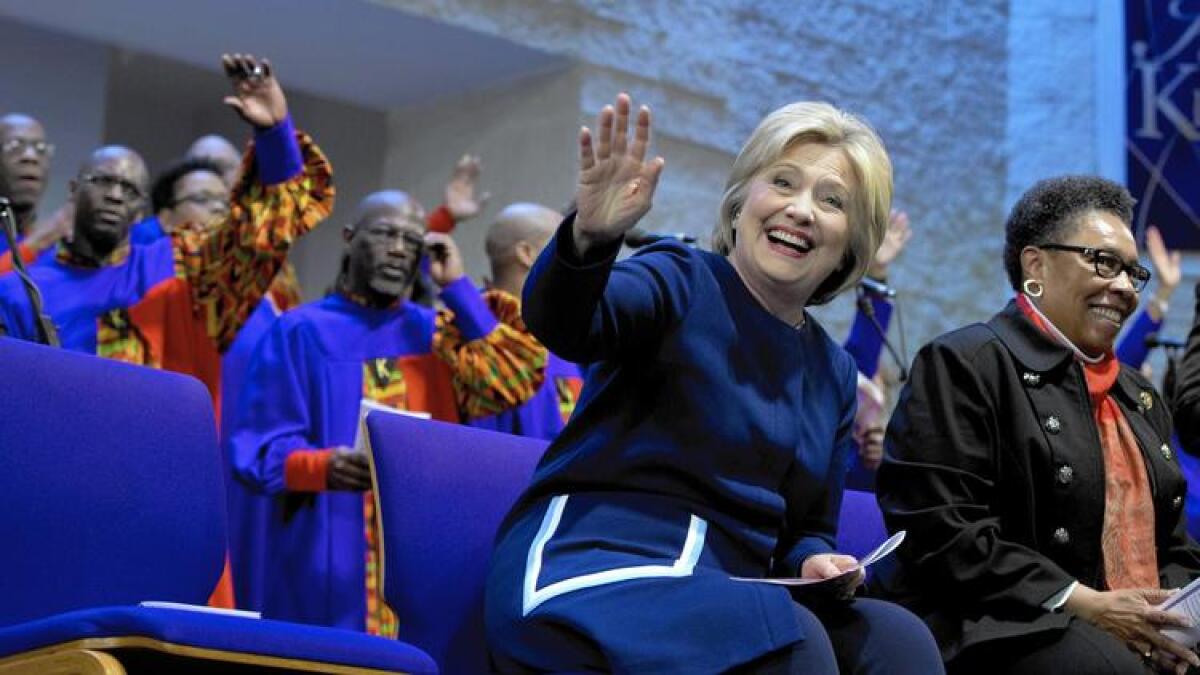 Hillary Clinton with Rep. Marcia Fudge (D-Ohio) during a service at Mount Zion Fellowship Church in Highland Hills, Ohio, on March 13.