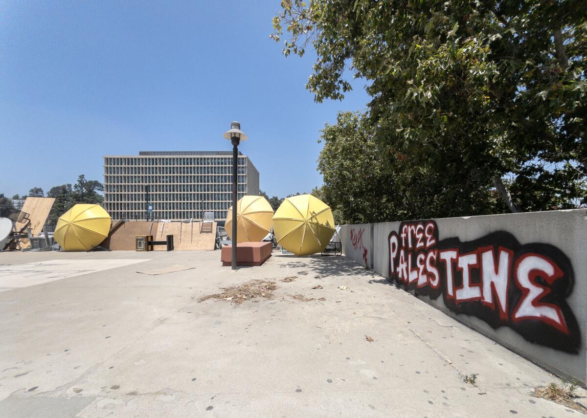  Barricades block access to the student service building at Cal State Los Angeles on June 13. 