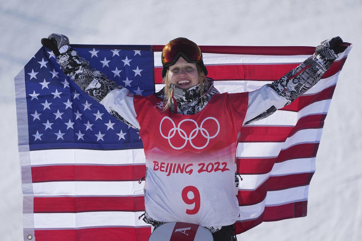 United States's Julia Marino celebrates after winning a silver medal in the women's slopestyle.