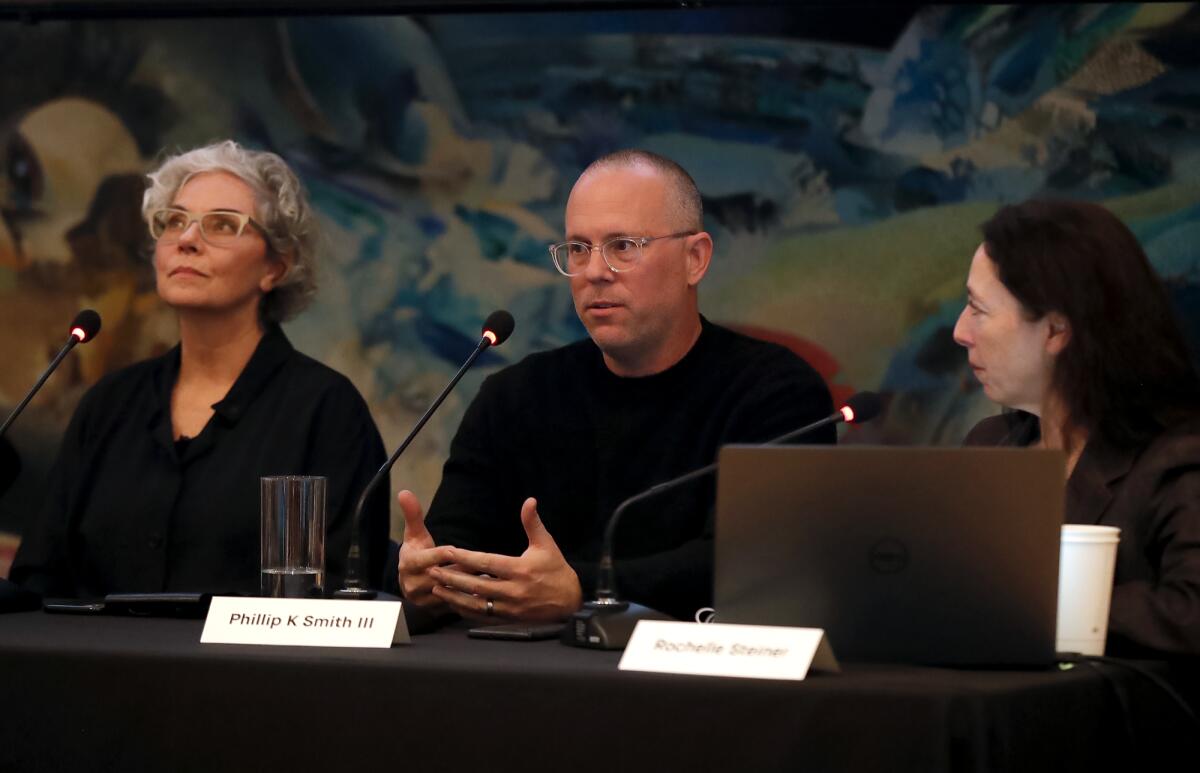 Artist Phillip K. Smith III comments during a discussion panel celebrating 10 years of Art & Nature at Laguna Art Museum.