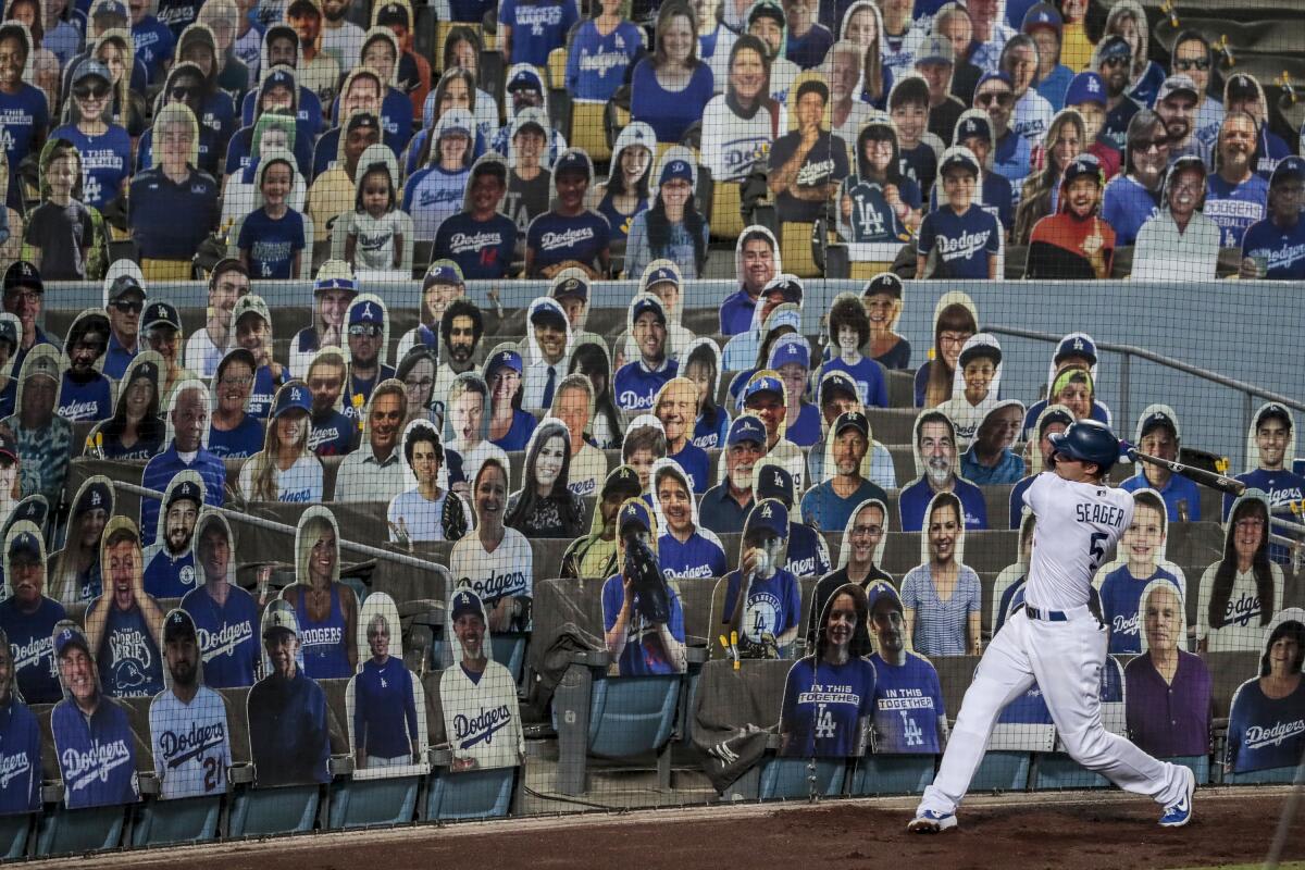 Dodgers shortstop Corey Seager warms up in the on deck circle during Game 2 of the 2020 NL wild-card playoffs.