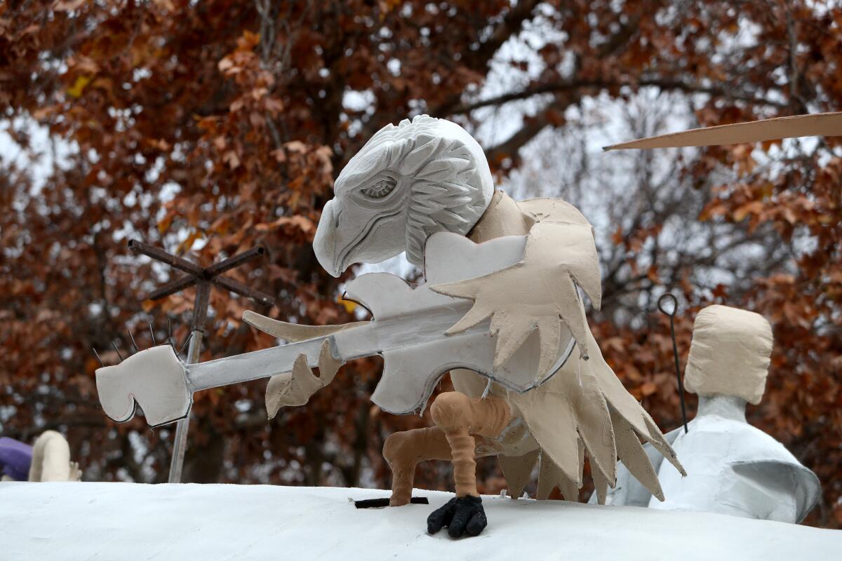 A detail of a bird atop the La Cañada Flintridge Tournament of Roses Assn.'s 42nd Rose Parade float, "Dodo Bird Flight School,”on Saturday, Dec. 14.