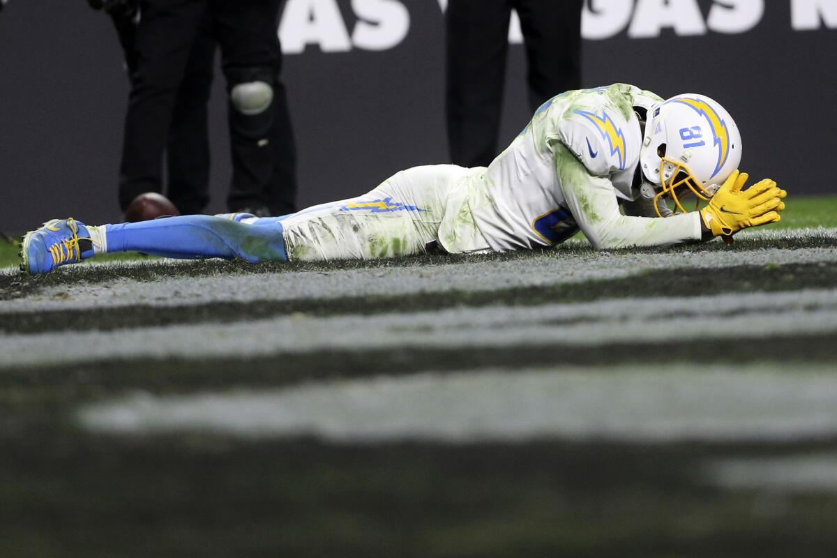 Chargers wide receiver Mike Williams reacts after missing an attempted touchdown catch.