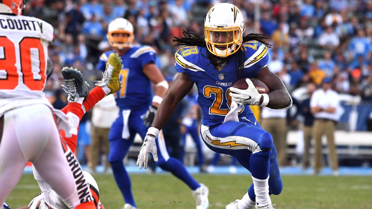 Chargers running back Melvin Gordon picks up yards in the third quarter against the Cleveland Browns at StubHub Center.