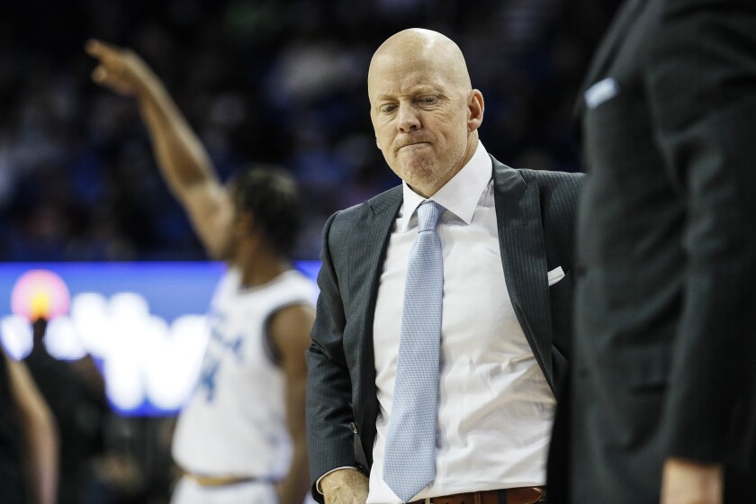Head coach Mick Cronin on the sidelines as the UCLA Bruins and the Colorado Buffaloes play at Pauley Pavilion.
